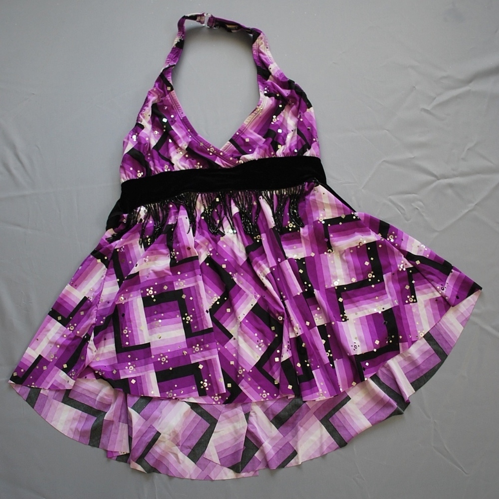 Algy Purple Sequin Dance Costume Halter High-Low Top Black Beaded Fringe Small